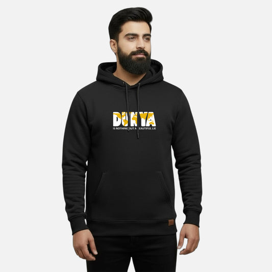 Sunnah Conscious black cotton kangaroo hoodie with Dunya is Nothing But a Beautiful Lie graphic print on chest