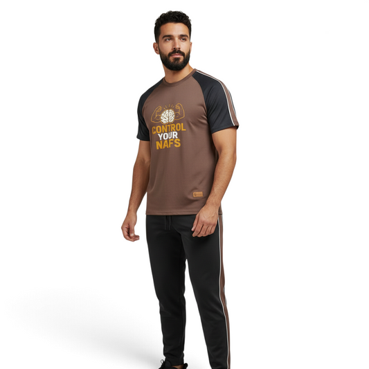 Sunnah Conscious brown and black cotton tracksuit with Control Your Nafs graphic print on a bearded male model