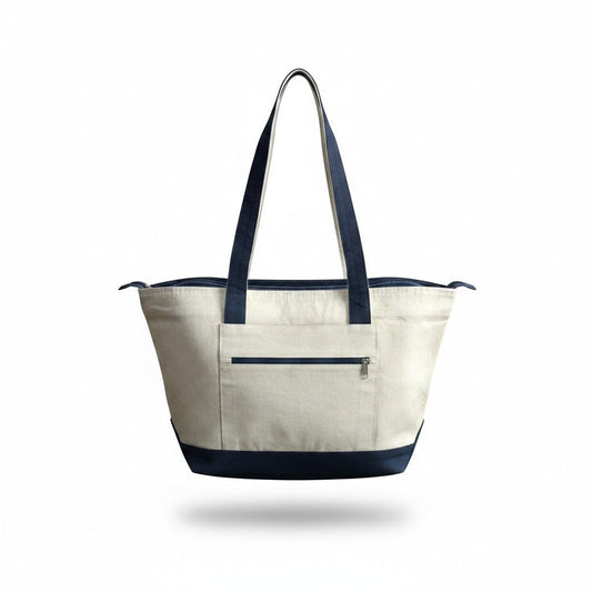 Sunnah Conscious everyday canvas tote bag in natural beige with navy blue accents, zipper closure, and front pocket.