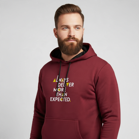 Sunnah Conscious maroon scuba fabric hoodie with a kangaroo pocket and motivational text print on the chest