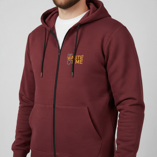 Sunnah Conscious maroon scuba fabric zip-up hoodie with black drawstring and small chest embroidery