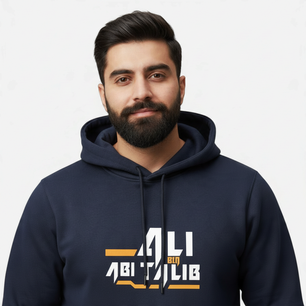 Sunnah Conscious navy blue cotton hoodie with white and orange Ali ibn Abi Talib graphic print worn by a bearded man
