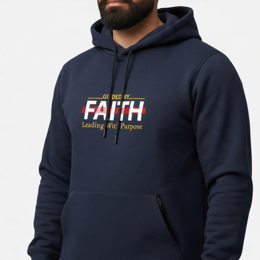 Sunnah Conscious navy blue cotton kangaroo hoodie featuring Guided By Faith Leading With Purpose graphic print