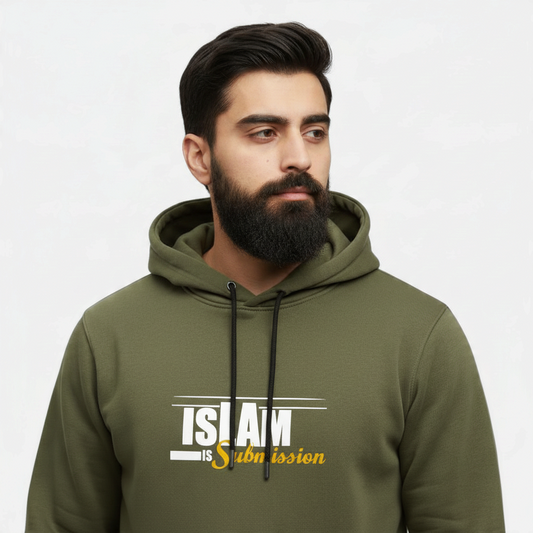 Sunnah Conscious olive green cotton hoodie with Islam is Submission graphic print worn by a bearded man