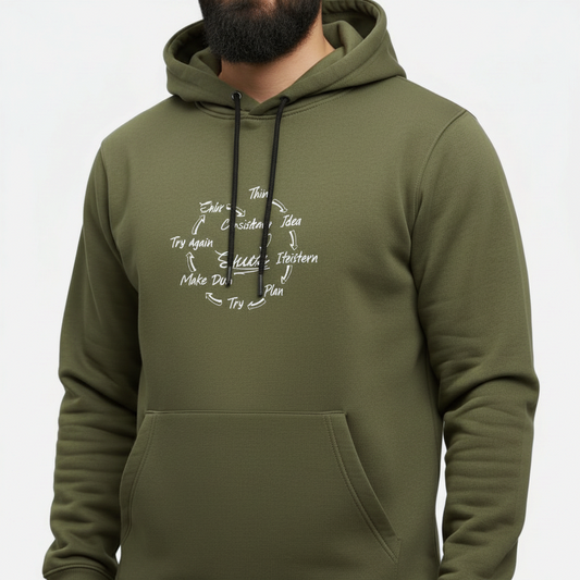 Sunnah Conscious olive green cotton hoodie with Success Circle graphic print and front kangaroo pocket