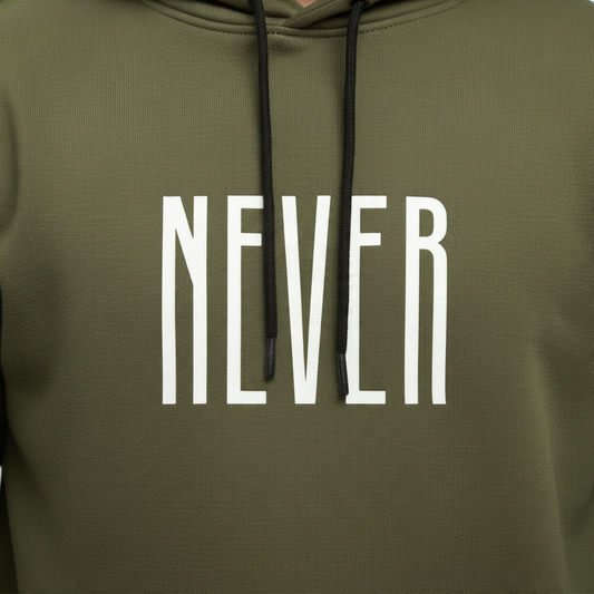 Sunnah Conscious olive green cotton hoodie with white Never text print and black drawstring cords