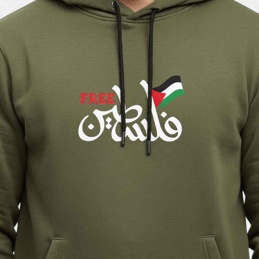 Sunnah Conscious olive green cotton hoodie featuring Free Palestine Arabic calligraphy and a small flag graphic