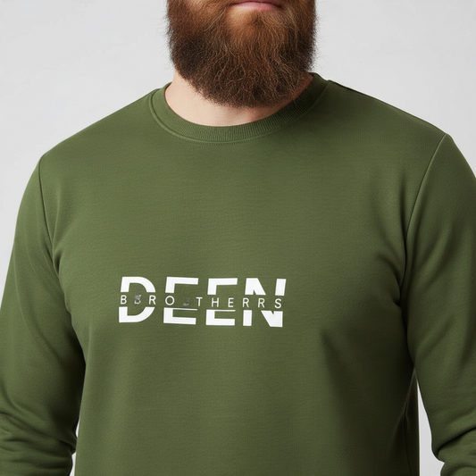 Sunnah Conscious olive green crewneck sweatshirt with white DEEN BROTHERRS graphic print on soft scuba fabric