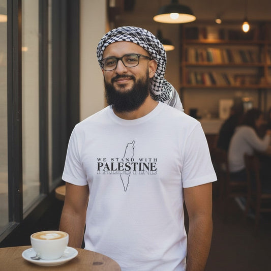 Sunnah Conscious white dry fit t-shirt with "We Stand with Palestine" graphic and Palestine map outline.