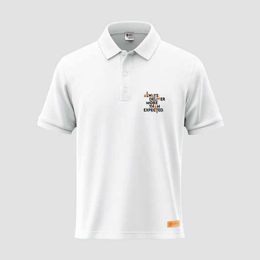 Sunnah Conscious polo shirt with printed "Always Deliver More Than Expected"