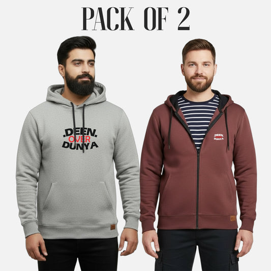 Heather Grey Kangaroo Hoodies and Brown Zipper Hoodie | Pack of 2
