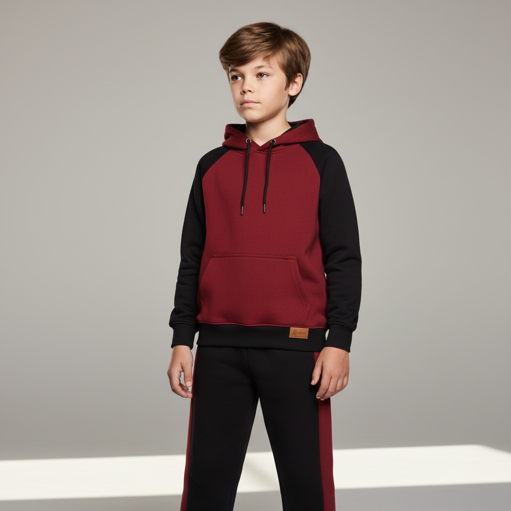 Maroon and Black Kids Hoodie Tracksuit