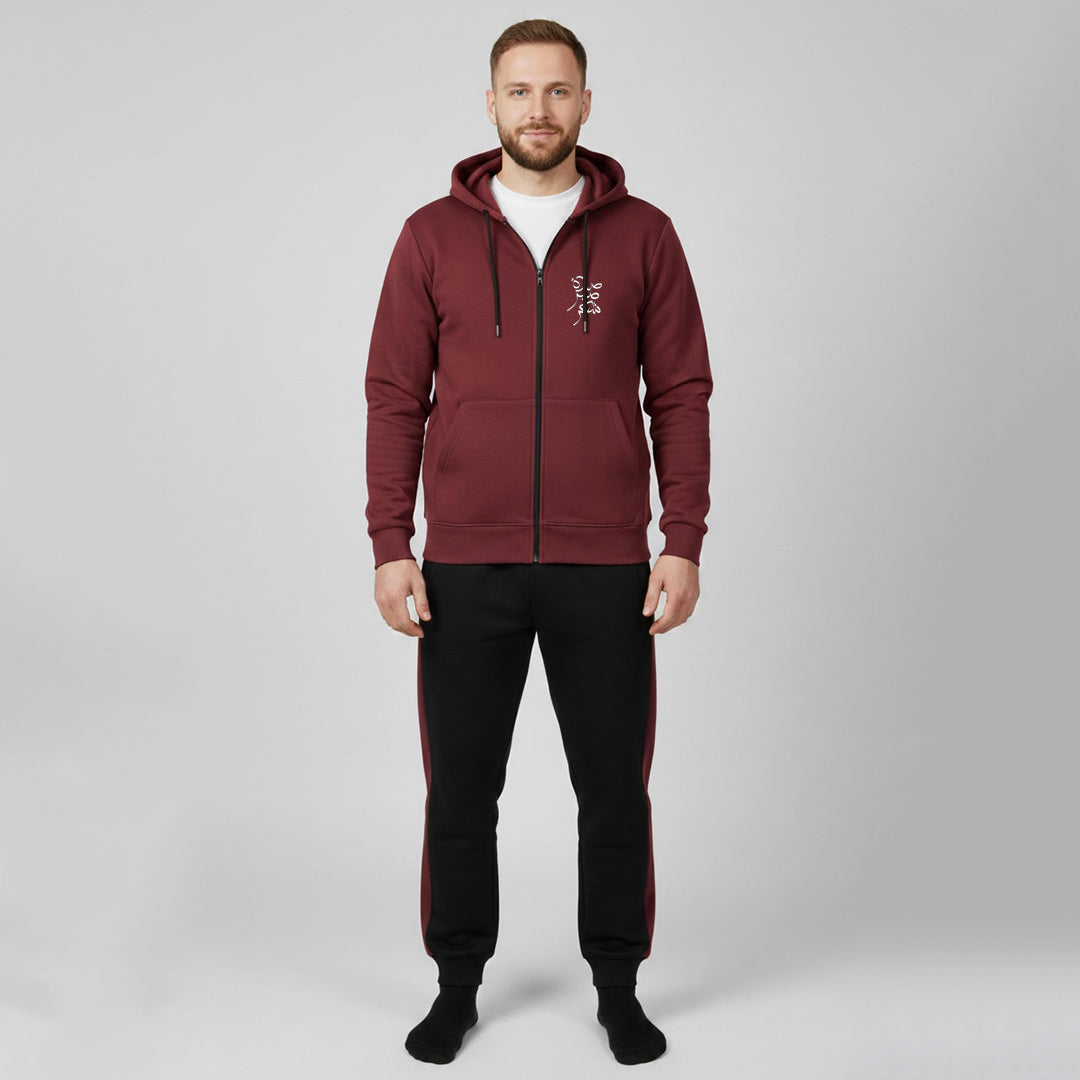 Maroon and Black Zipper Hoodies Tracksuit