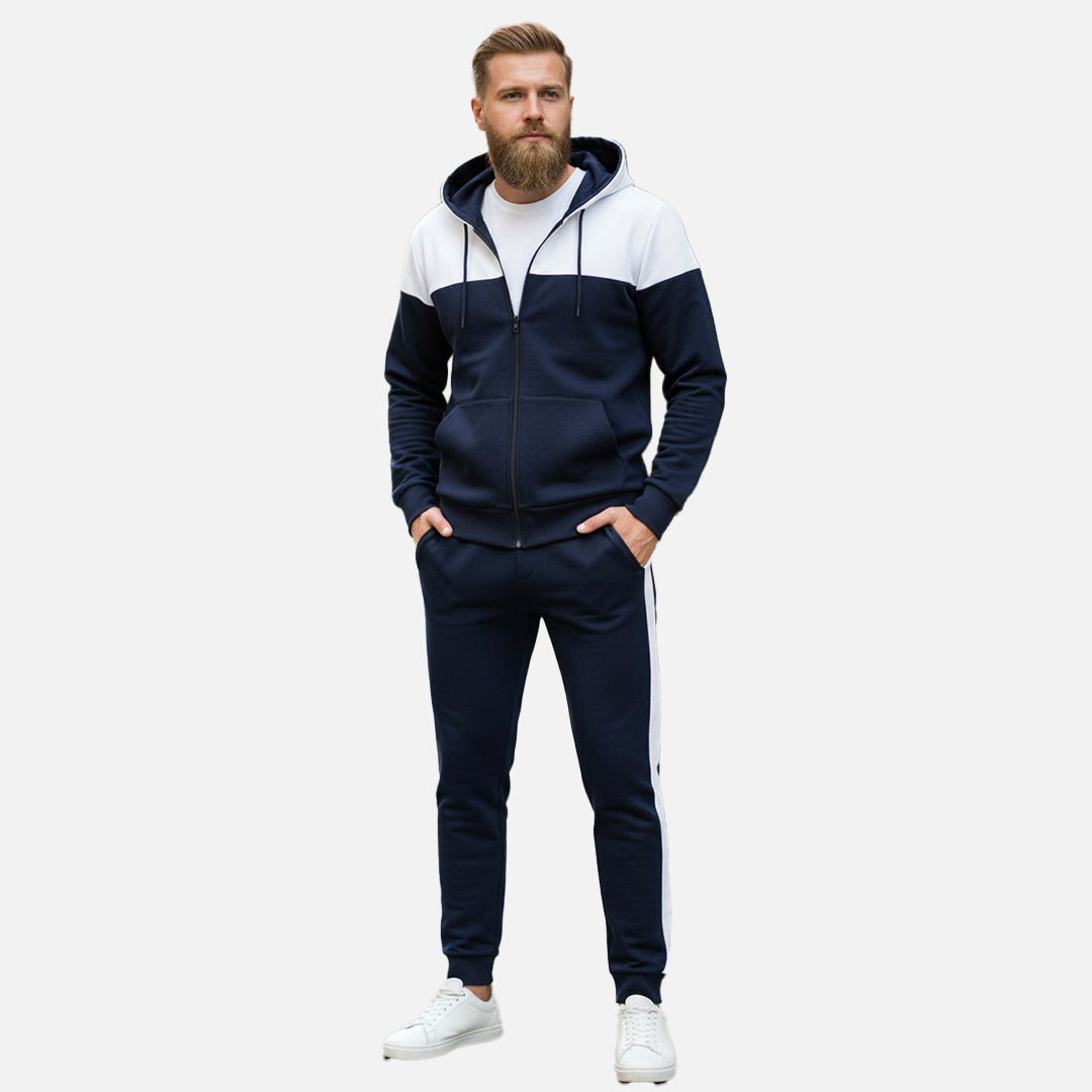 Navy Blue and White Zipper Hoodies Tracksuit