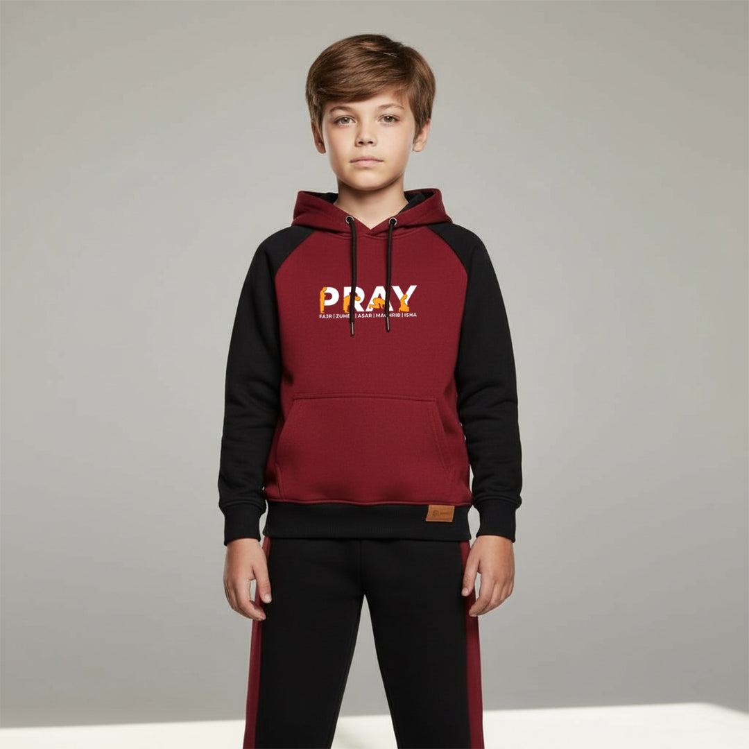 Maroon and Black Kids Hoodie Tracksuit