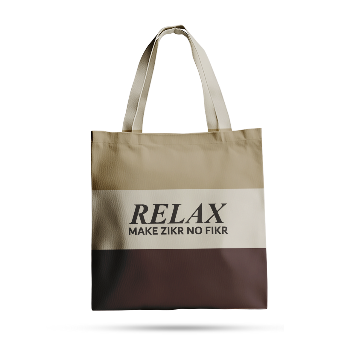 Sunnah Conscious 3 color tote bag in natural raw finish with Relax Make Zikr No Fikr print and comfortable handles