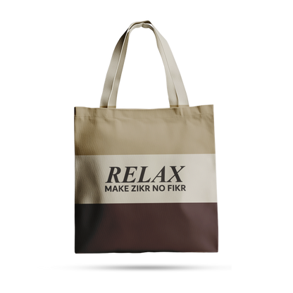 Sunnah Conscious 3 color tote bag in natural raw finish with Relax Make Zikr No Fikr print and comfortable handles