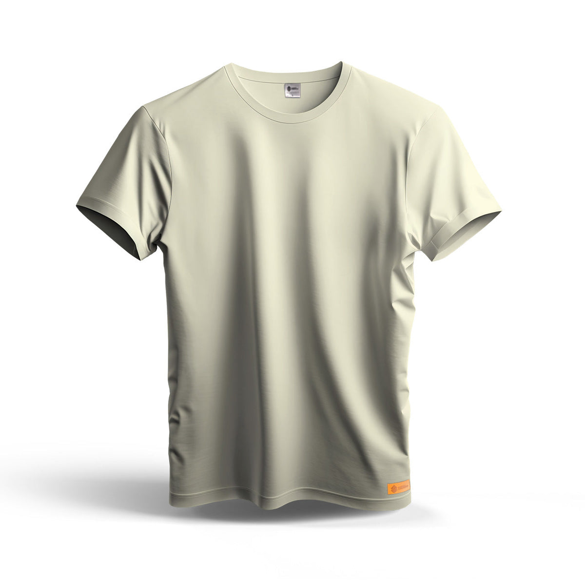 Sunnah Conscious plain beige dry fit t-shirt made from breathable mesh fabric with a small orange hem tag
