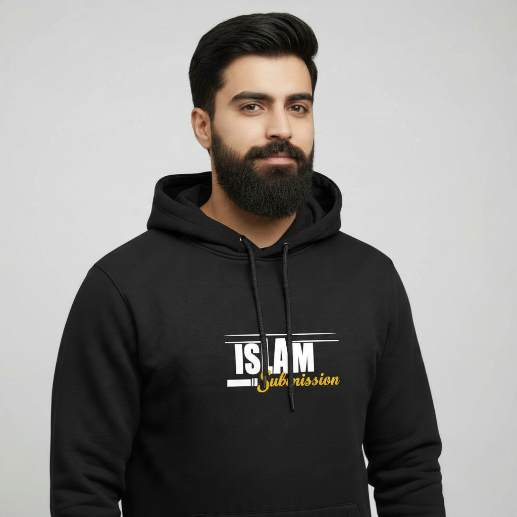 Sunnah Conscious black cotton hoodie with Islam is Submission graphic text worn by a bearded man