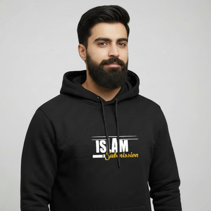 Sunnah Conscious black cotton hoodie with Islam is Submission graphic text worn by a bearded man