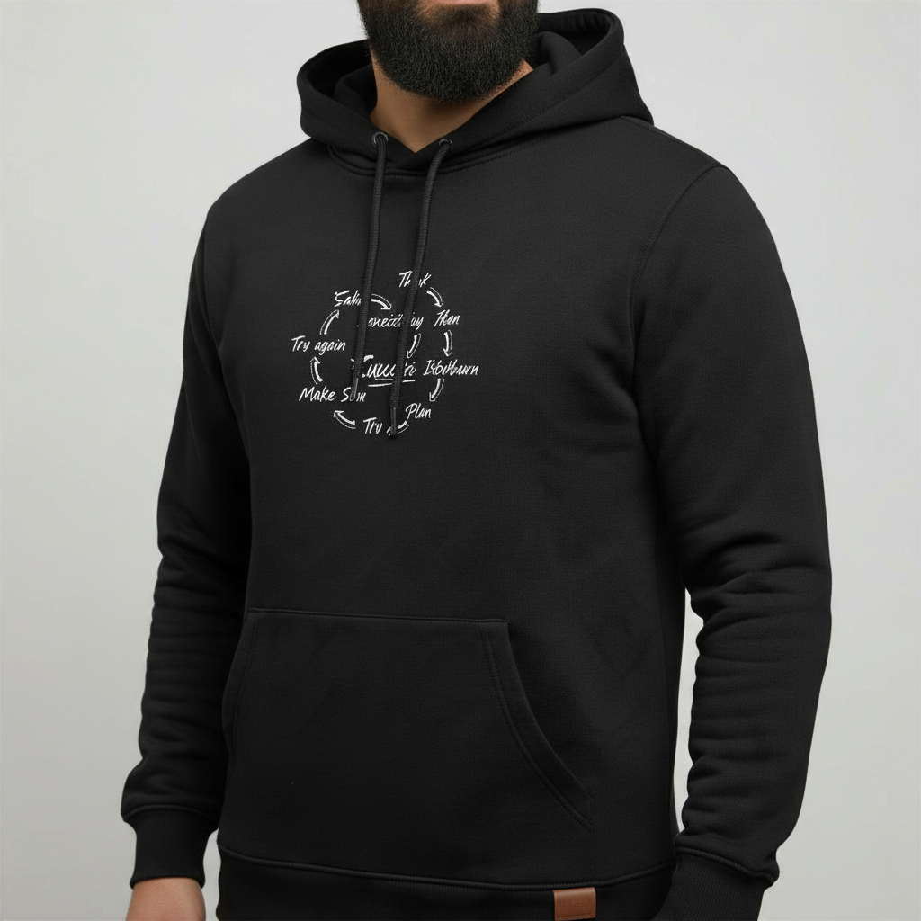 Sunnah Conscious black cotton zipper hoodie with Success Circle graphic print and front kangaroo pocket on a model