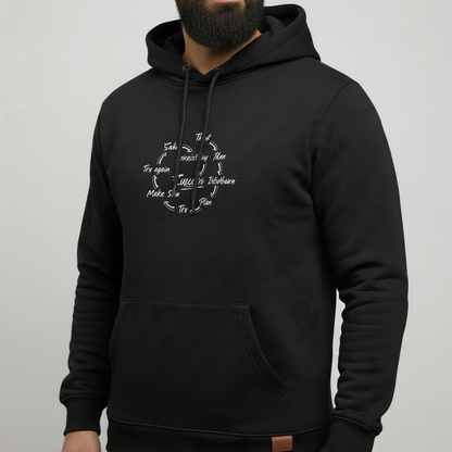 Sunnah Conscious black cotton zipper hoodie with Success Circle graphic print and front kangaroo pocket on a model