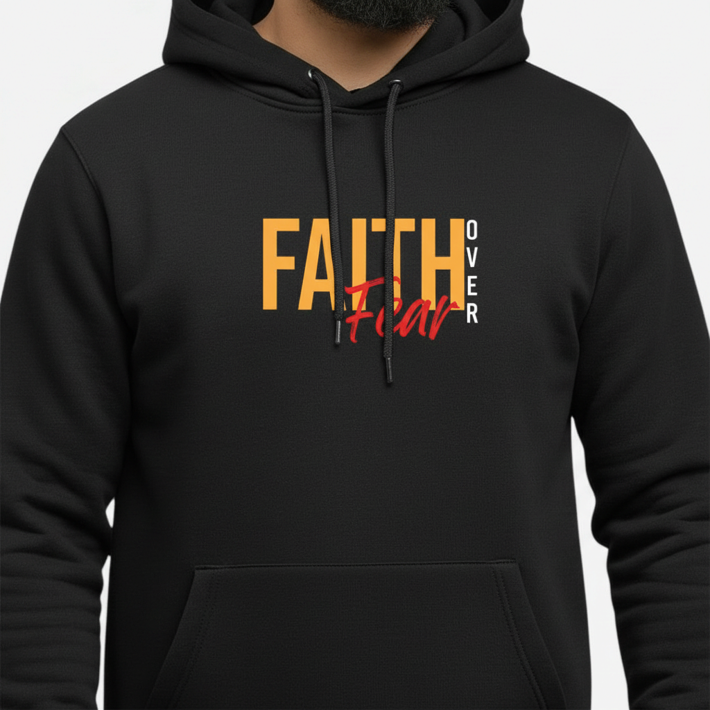 Sunnah Conscious black cotton hoodie with Faith Over Fear graphic print worn by a bearded man