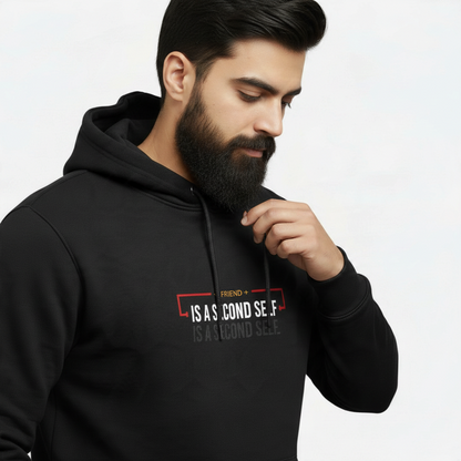 Sunnah Conscious black cotton zipper hoodie with A Friend is a Second Self graphic print worn by a bearded man