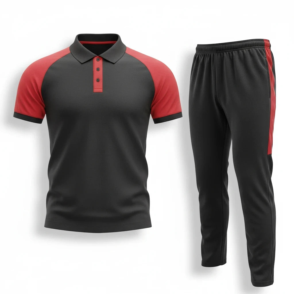Sunnah Conscious black and maroon polo collar tracksuit made from soft breathable cotton for casual or gym wear.