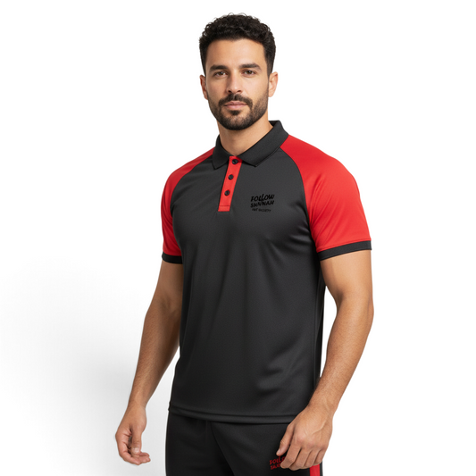 Sunnah Conscious black and maroon polo collar tracksuit worn by a man, featuring breathable cotton fabric.