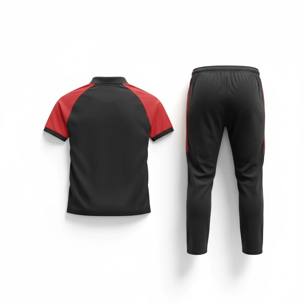 Sunnah Conscious black and maroon cotton tracksuit featuring a short-sleeve collared shirt and matching trousers.