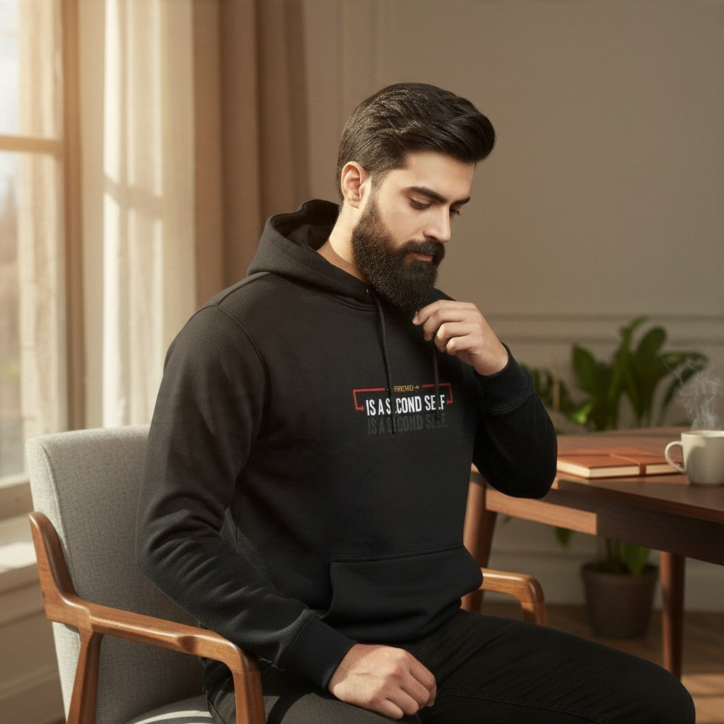 Sunnah Conscious black cotton zipper hoodie with A Friend is a Second Self graphic worn by a bearded man indoors
