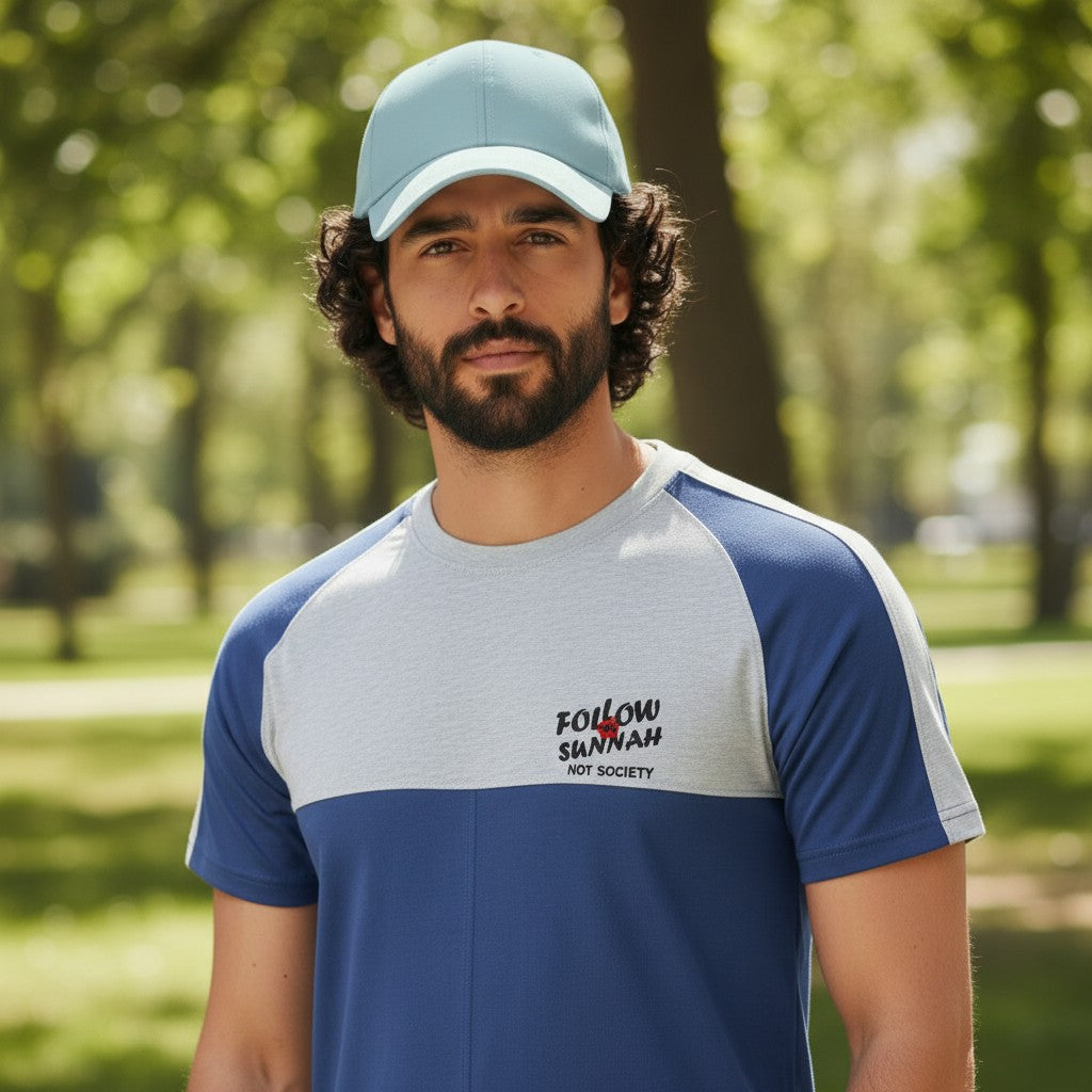 Sunnah Conscious men's blue and heather grey cotton raglan t-shirt with