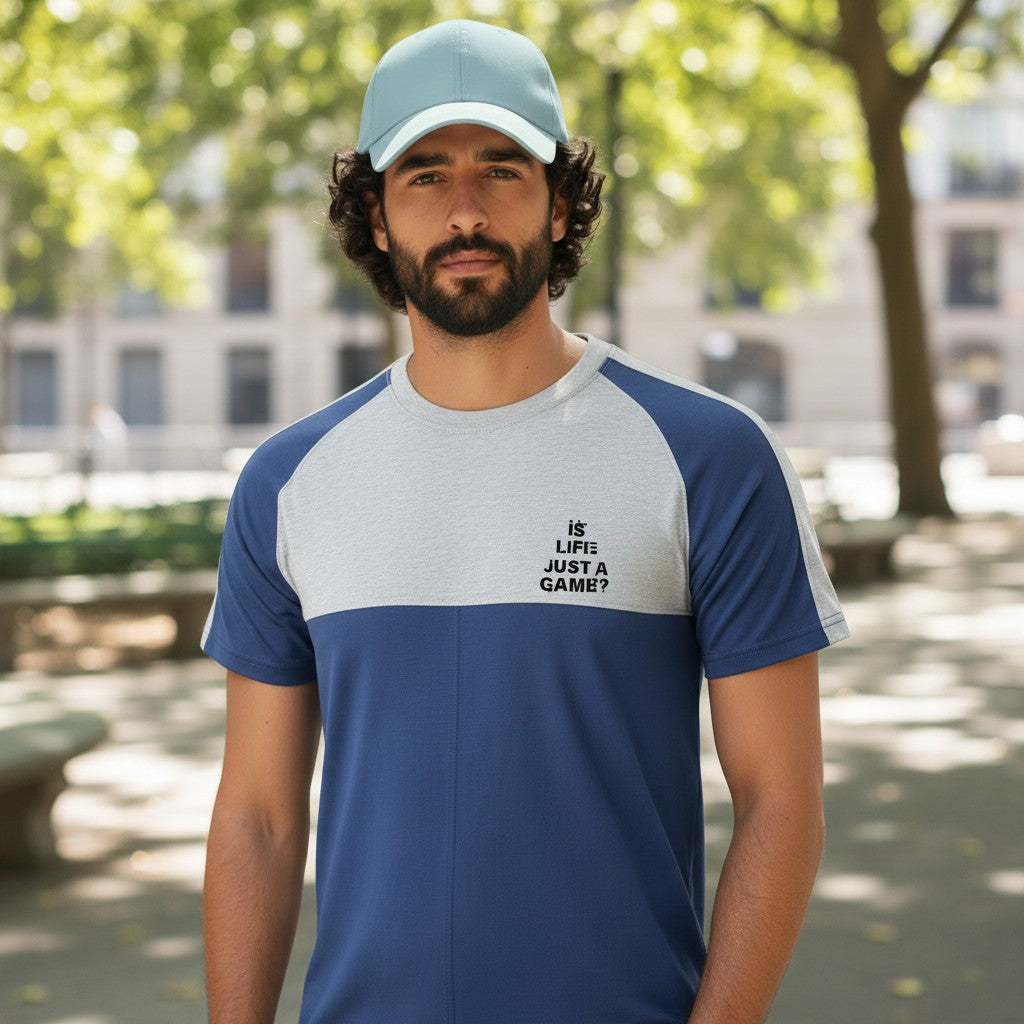 Sunnah Conscious men's blue and heather grey raglan t-shirt with "IS LIFE JUST A GAME?" graphic.