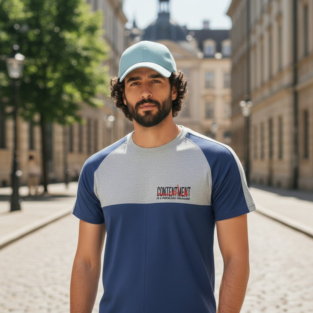Sunnah Conscious men's blue and heather grey cotton raglan t-shirt with 'CONTENTMENT' graphic.