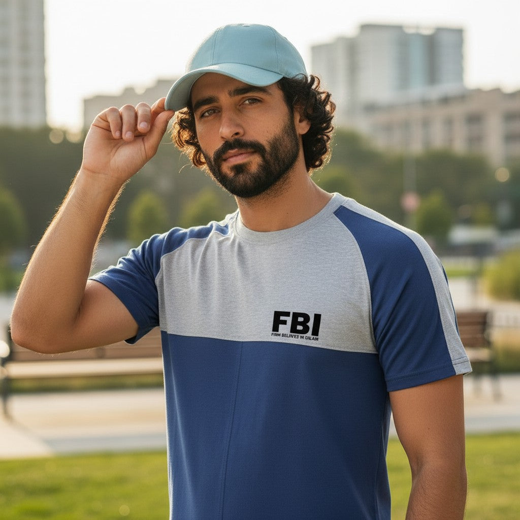 Sunnah Conscious men's blue and heather grey cotton raglan t-shirt with FBI logo