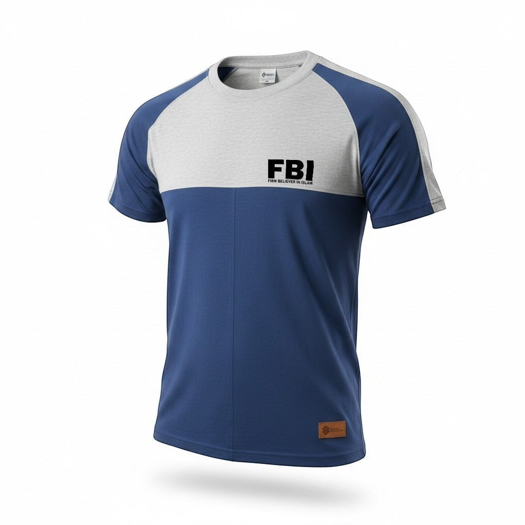 Sunnah Conscious men's blue and heather grey cotton raglan t-shirt with FBI graphic.