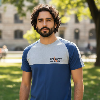 Sunnah Conscious men's blue and heather grey raglan t-shirt with "Rise Above Your Limit" graphic.