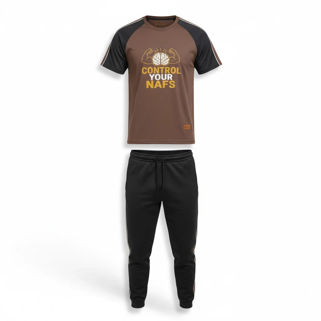 Sunnah Conscious brown and black cotton tracksuit featuring a graphic t-shirt with Control Your Nafs text design