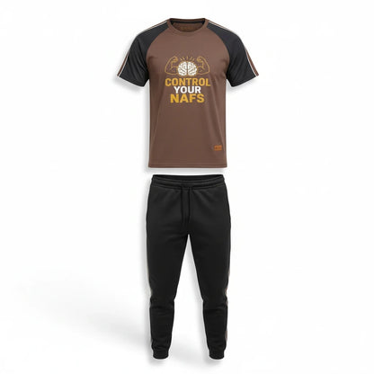 Sunnah Conscious brown and black cotton tracksuit featuring a graphic t-shirt with Control Your Nafs text design