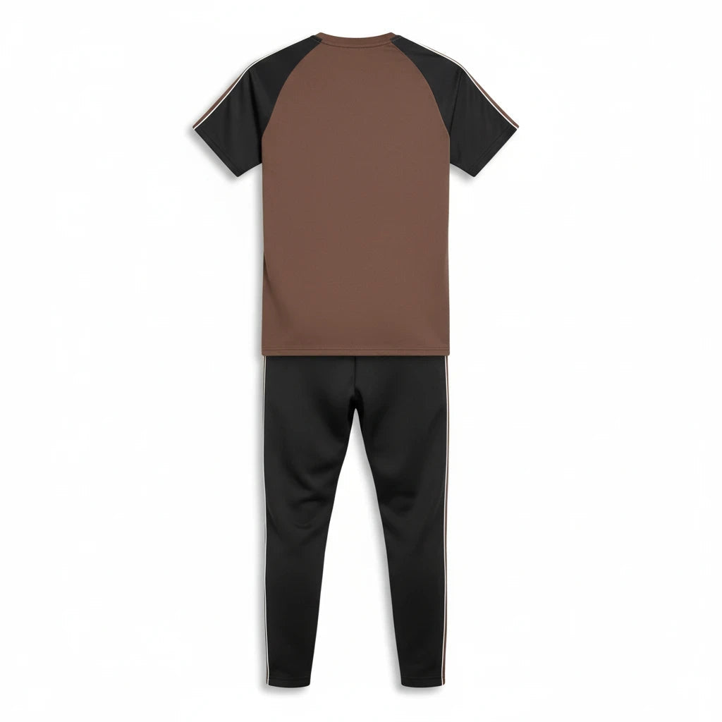 Sunnah Conscious brown and black cotton tracksuit featuring a short-sleeve top and matching trousers, back view.