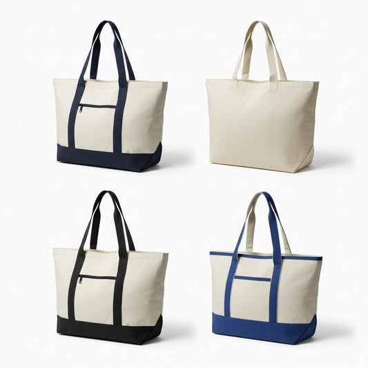 Sunnah Conscious everyday canvas tote bags in natural with navy, black, and blue accents featuring zipper pockets