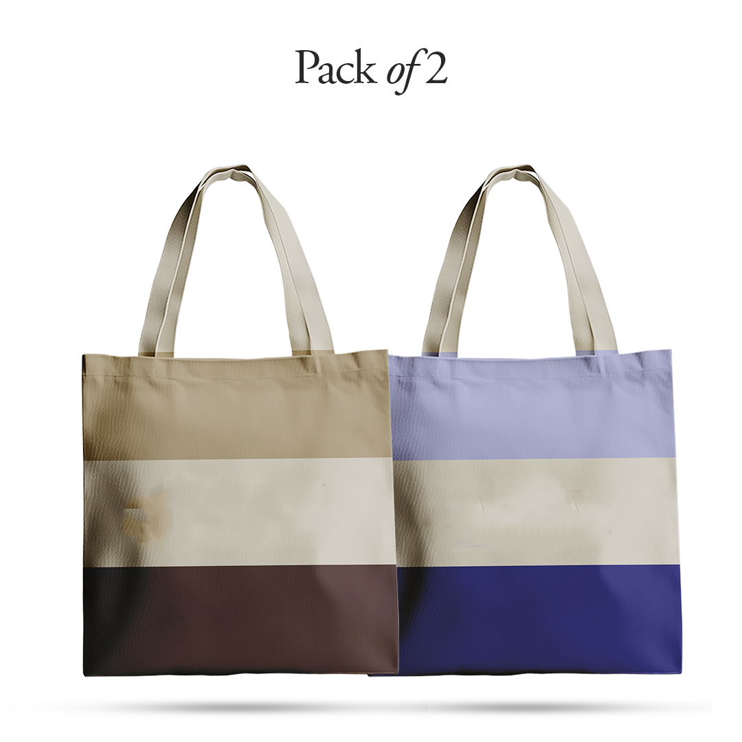 Sunnah Conscious pack of two reusable cotton tote bags in natural earth tones and blue color-blocked designs.