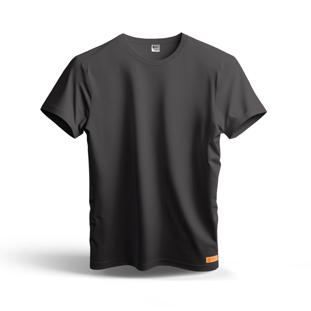 Sunnah Conscious plain charcoal grey dry fit mesh t-shirt with a small orange brand tag on the hem