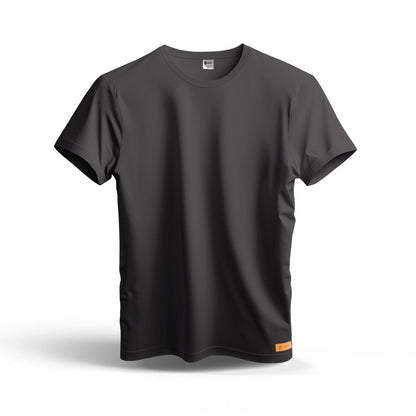 Sunnah Conscious plain charcoal grey dry fit mesh t-shirt with a small orange brand tag on the hem