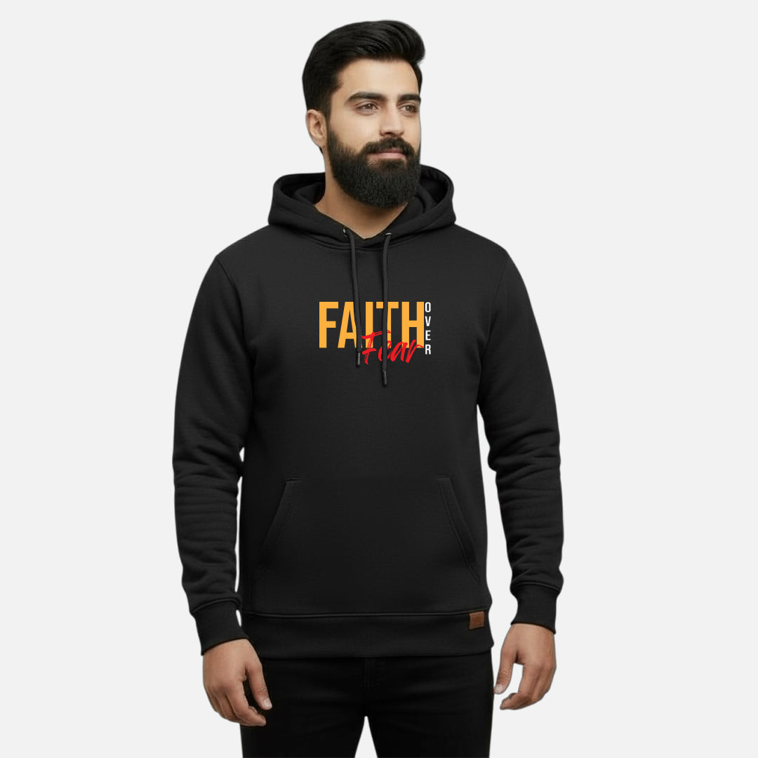 Sunnah Conscious black cotton hoodie featuring Faith Over Fear graphic print worn by a bearded man