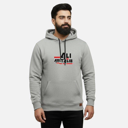 Sunnah Conscious grey cotton hoodie featuring Ali ibn Abi Talib RA graphic print worn by a bearded man