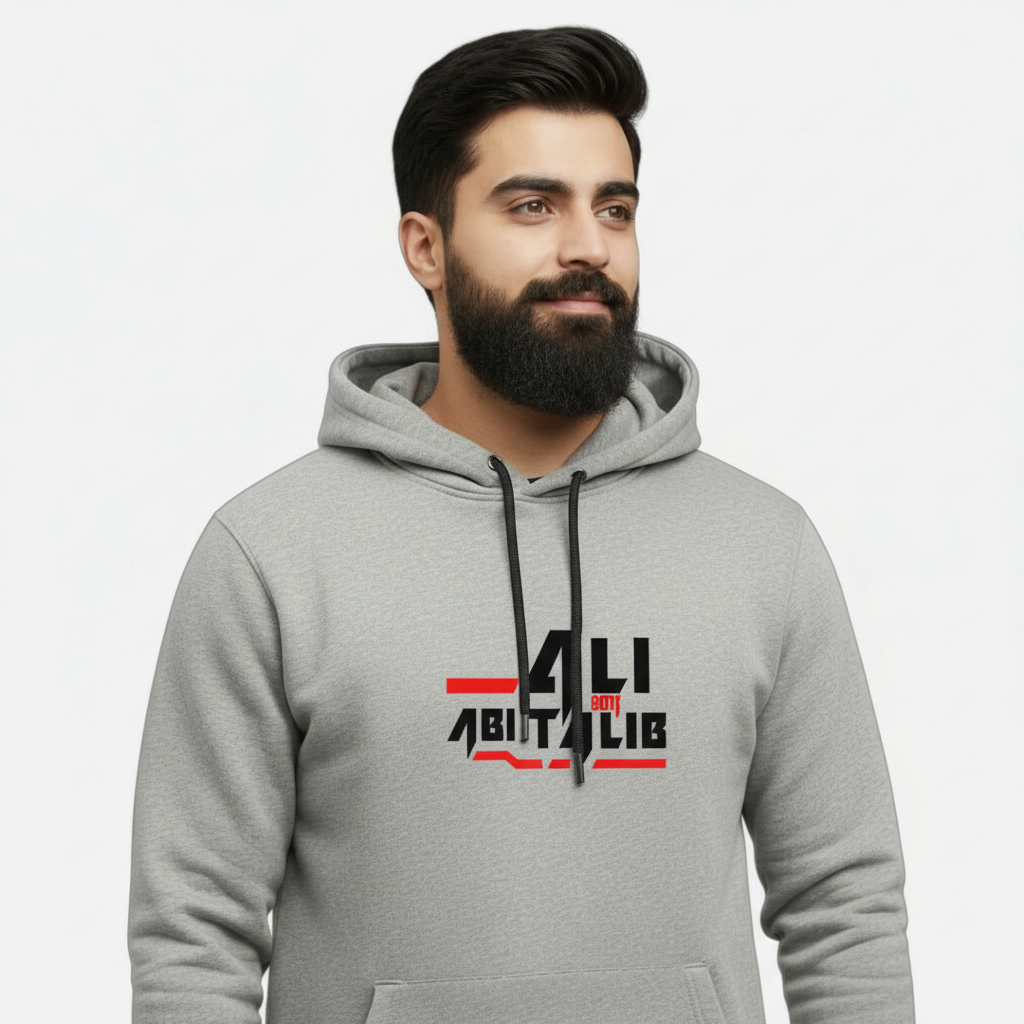 Sunnah Conscious grey cotton hoodie featuring Ali ibn Abi Talib graphic print worn by a bearded man