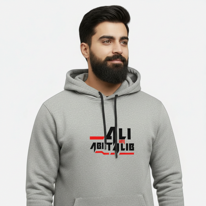 Sunnah Conscious grey cotton hoodie featuring Ali ibn Abi Talib graphic print worn by a bearded man