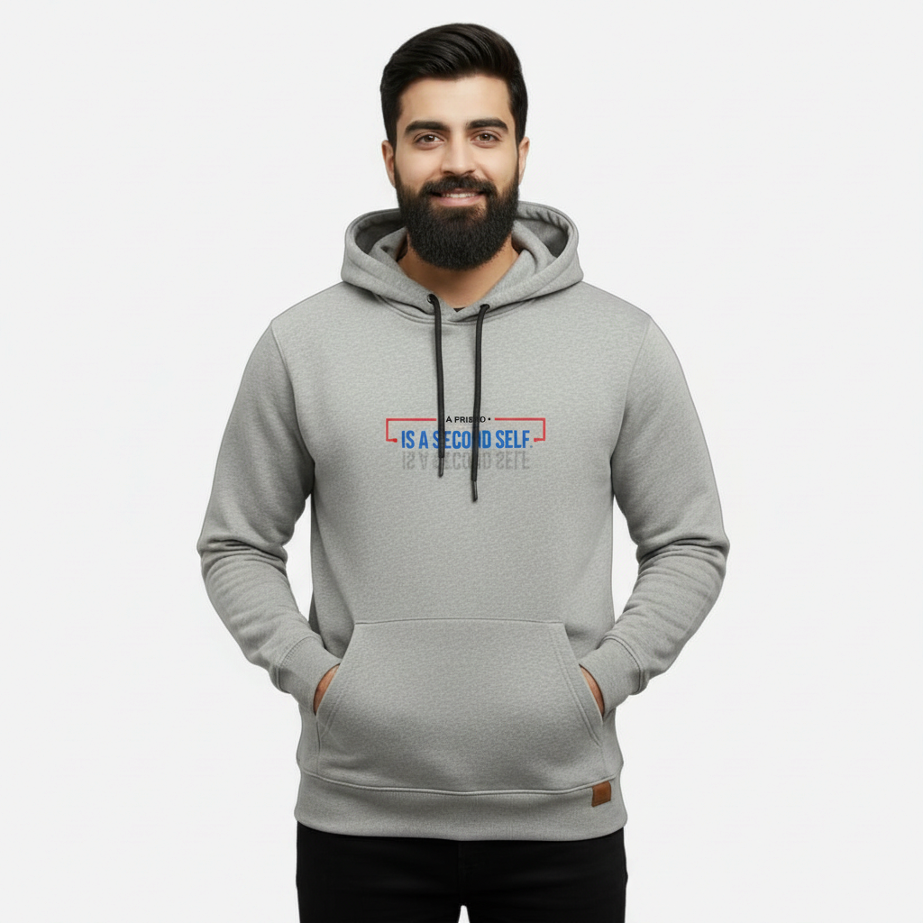 Sunnah Conscious grey cotton hoodie with A Friend is a Second Self graphic print worn by a bearded man